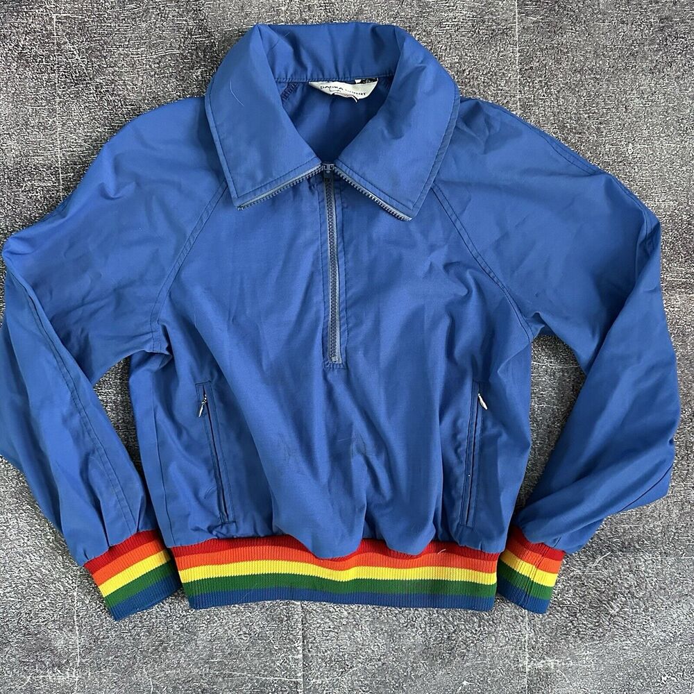 Womens Vintage 80s Saska Sport Blue Rainbow Light Bomber Windbreaker Jacket Sz S